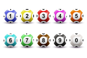 Vector set of colored numbered lottery balls for bingo game. Lotto keno concept. Bingo balls with numbers. Isolated on white background.