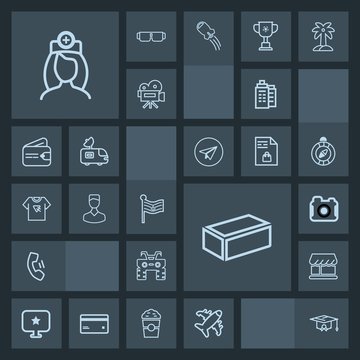 Modern, simple, dark vector icon set with building, house, computer, shop, curtain, quad, cell, college, construction, doctor, brick, technology, healthcare, business, education, real, medical icons