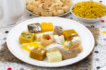 Indian Delicious Mix Sweet Food or Mix Mithai Served with Namkeen or Cookies