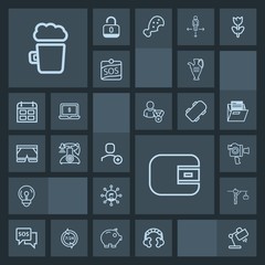 Modern, simple, dark vector icon set with lamp, screen, camera, audio, beer, bar, headset, home, communication, safety, film, energy, video, sos, vase, technology, sound, bulb, pub, danger, jug icons