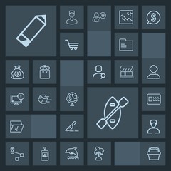 Modern, simple, dark vector icon set with global, box, oar, water, medical, file, map, trash, summer, safe, leaf, security, navigation, paddle, point, pencil, tropical, basket, surgery, male icons