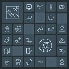 Modern, simple, dark vector icon set with strike, business, bubble, hit, plane, male, ball, blue, bird, musical, mexico, profile, door, man, person, chat, flight, aircraft, travel, construction icons