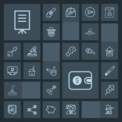 Modern, simple, dark vector icon set with money, musical, cash, telephone, wallet, meeting, festival, purse, people, stationery, surf, building, holiday, banking, presentation, instrument, music icons