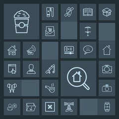 Modern, simple, dark vector icon set with equipment, profile, watch, clock, reel, estate, pub, online, radio, hand, real, coffee, tobacco, handle, male, technology, retro, camera, classic, drink icons