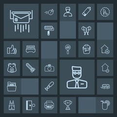 Modern, simple, dark vector icon set with music, blank, wear, cocktail, letter, envelope, house, championship, home, bomb, travel, transport, folder, falling, post, technology, war, audio, work icons