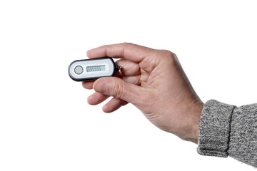 caucasian man's hand showing a password generator isolated on white background and clipping path