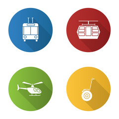 Public transport flat design long shadow glyph icons set