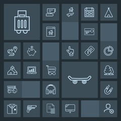 Modern, simple, dark vector icon set with skateboard, user, extreme, shirt, field, nature, travel, tshirt, stereo, web, forest, dump, environment, pole, skate, tipper, science, luggage, fashion icons