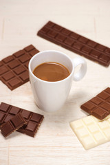 Glass of chocolate milk and variety chocolates  on table