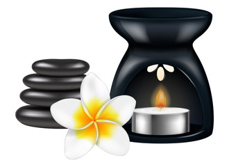 Aroma lamp with spa stones and frangipani flower. Vector illustration.