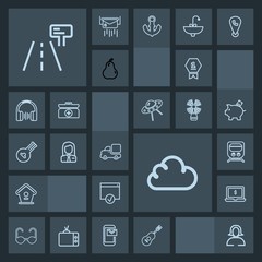 Modern, simple, dark vector icon set with home, guitar, place, musical, sun, transportation, woman, lady, young, travel, laptop, cloud, wooden, sunglasses, concert, first, vehicle, girl, lorry icons