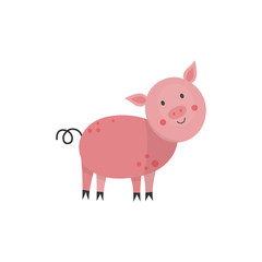 Cute pink pig with twisted tail hand drawn smiling character icon. Farm animal, livestock used for pork meat. Rural mammal. Vector flat isolated illustration