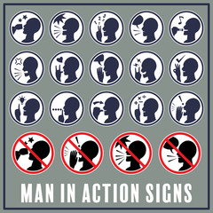 Set of man with hand signals in various actions for using as information or warning signs and symbols.