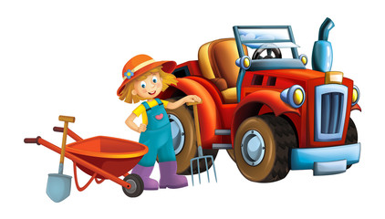 cartoon scene young girl near wheelbarrow - farming tools illustration for children
