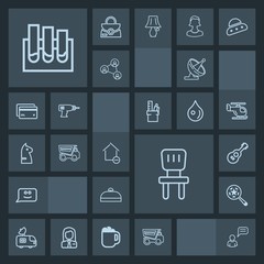 Modern, simple, dark vector icon set with luggage, laboratory, apartment, horse, property, home, magnifying, bag, dumper, chair, interior, research, van, game, person, strategy, dump, suitcase icons