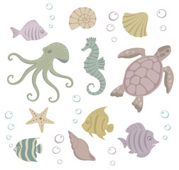 Set of sea animals. Vector illustration.