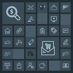 Modern, simple, dark vector icon set with communication, security, bank, sound, shovel, musical, find, supermarket, bill, finance, account, user, navigation, map, house, video, internet, retail icons