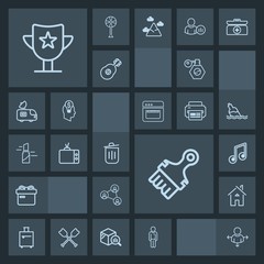 Modern, simple, dark vector icon set with trip, musical, tv, music, box, estate, bin, sound, , trash, house, road, sign, beauty, award, reward, technology, direction, home, gift, screen, prize icons