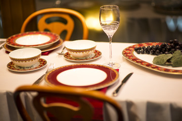New Year , Christmas . Table setting for a banquet or dinner party.