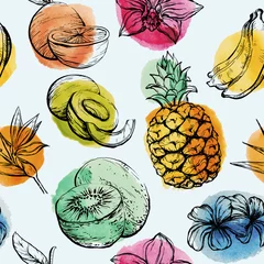 Papier peint Fruits aquarelle Modèle sans couture avec fleurs tropicales et fruits