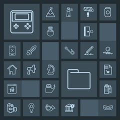 Modern, simple, dark vector icon set with hot, water, market, real, bank, technology, office, kitchen, building, house, file, video, masquerade, folder, money, door, mask, horse, exit, kettle icons