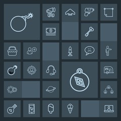 Modern, simple, dark vector icon set with key, weapon, door, cream, van, musical, south, planet, string, bomb, video, house, war, microphone, space, east, astronomy, direction, compass, music icons