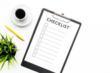 Blank checklist with space for ticks on pad on office desk. Checklist for office worker, manager,...