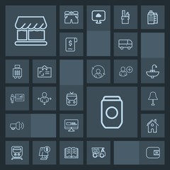 Modern, simple, dark vector icon set with megaphone, direction, web, building, house, curtain, communication, metal, purse, white, home, container, estate, shop, bus, railway, dump, object, lamp icons