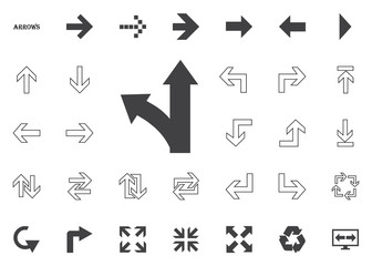 Straight and left direction arrow. Arrow vector illustration icons set.