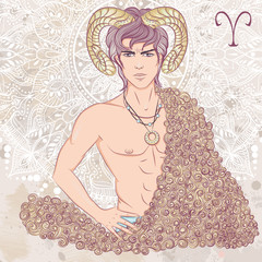 Zodiac. Vector illustration of the astrological sign of Aries as a man with a naked torso. The illustration on decorative grunge background in retro colors © ennona