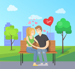 Love Concept Illustration Merry Couple Sits Bench