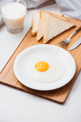 Fried eggs with toasts and milk on the table