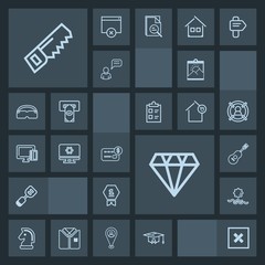 Modern, simple, dark vector icon set with hammer, horse, concert, sunrise, sound, achievement, crystal, kitchen, picture, sign, nature, musical, blank, landscape, jewelry, construction, guitar icons