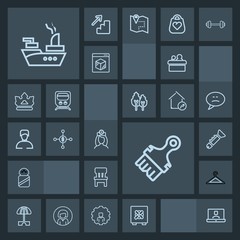 Modern, simple, dark vector icon set with white, presentation, room, musical, bank, spice, fashion, call, internet, clothing, interior, comfortable, trumpet, jazz, nurse, parasol, home, ship icons