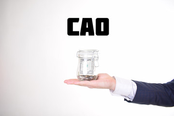 A businessman with a bank of money shows an inscription:CAO