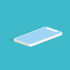 White smartphone mockup on the blue background. Isometric view.