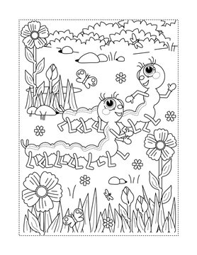 Spring or summer joy themed coloring page with caterpillars, flowers, grass.

