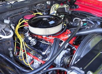 Fototapeta na wymiar Restored V8 Engine in a 70s American Model Car