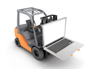 Concept logistics of loading and delivery The forklift lifts the laptop isolated on white background 3d