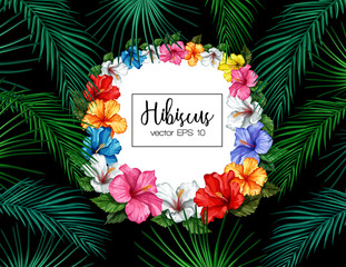 Vector tropical leaf hibiscus summer frame banner