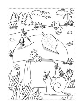 Summer or autumn joy themed coloring page with big yummy mushroom and mom and kids snails.
