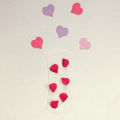 Red petals on a female daily lining and decorative hearts. Close-up. The minimum. Flat lay