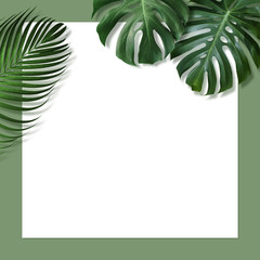 Minimal summer concept design of tropical leaves and blank white paper on green background with copy space