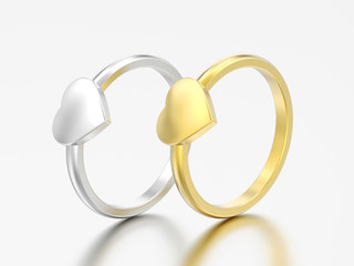 3D illustration two gold and silver engagement wedding heart rings