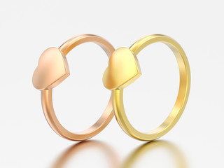 3D illustration two rose and yellow gold engagement wedding heart rings