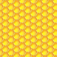 Bright yellow honeycomb seamless pattern background. Hexagonal prismatic wax cells built by honey bees in their nests vector eps 10 illustration.