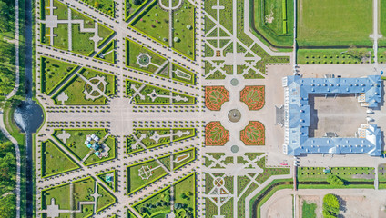 Aerial view, drone photo of Rundale palace and it's gardens, built in 18th Century 