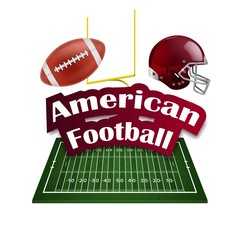 Ball, helmet, gate and playground for american football on a white background