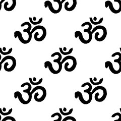 Seamless yoga pattern with Om yoga symbol. Handmade vector ink painting isolated on white background.