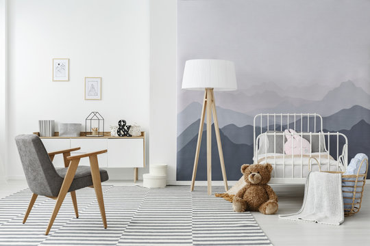 Monochromatic scandinavian child's bedroom interior